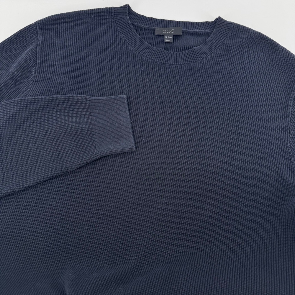 COS Waffle Knit Sweater Mens Medium Navy Blue 100% Cotton Crewneck Pullover
